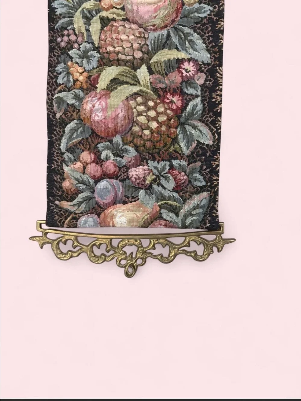 Vintage Fruit Tapestry Bell Pull Wall Hanging w/ Heavy Ornate Brass Ends